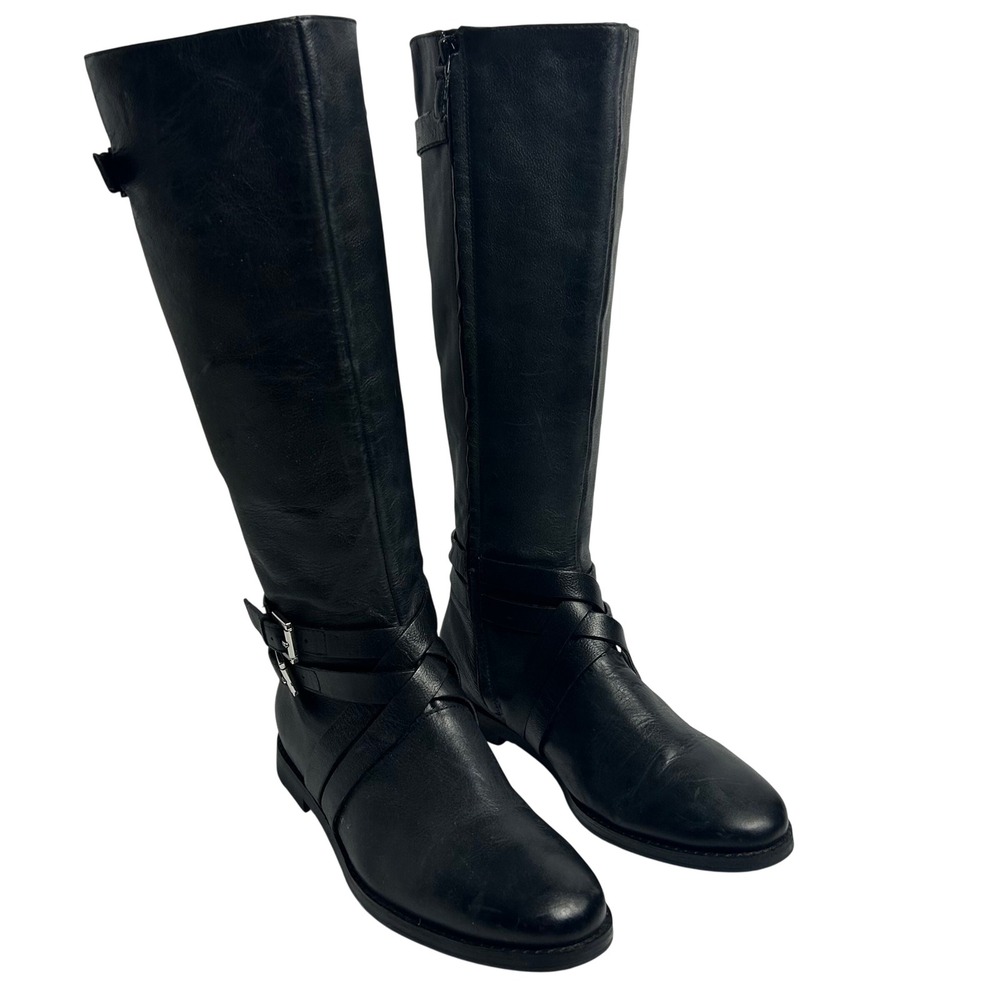 Cole Haan Nike Air Black Leather Riding Boots Buckle Strap Tall 8.5B